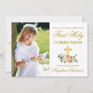 Invitation Première Sainte Communion - Pêche photo Or floral