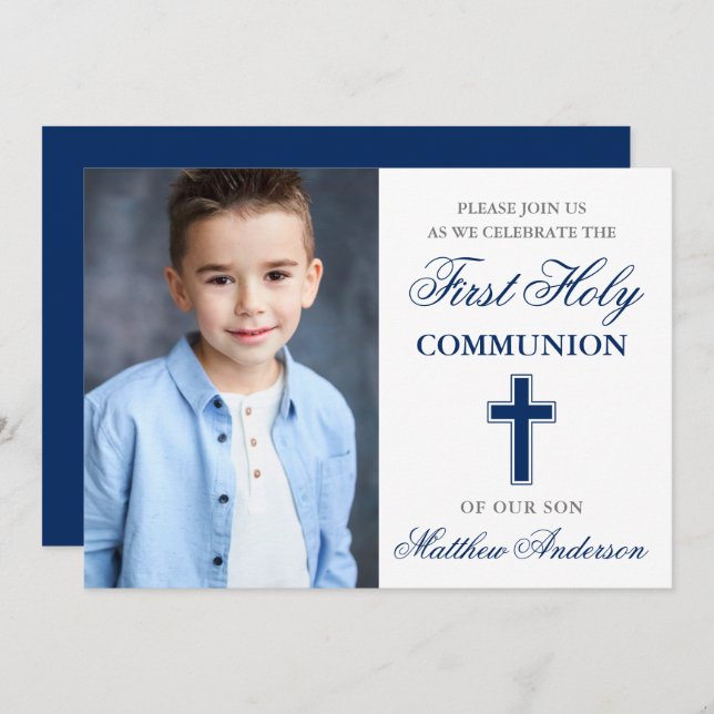 Invitation Première Sainte Communion Photo Bleue et Argent (Devant / Derrière)