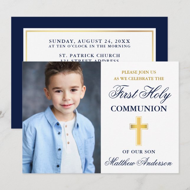 Invitation Première Sainte Communion Photo Bleue et Or (Devant / Derrière)