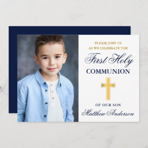 Invitation Première Sainte Communion Photo Bleue et Or