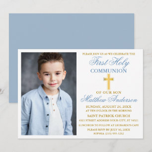 Invitation Première Sainte Communion Photo Dusty Blue Gold