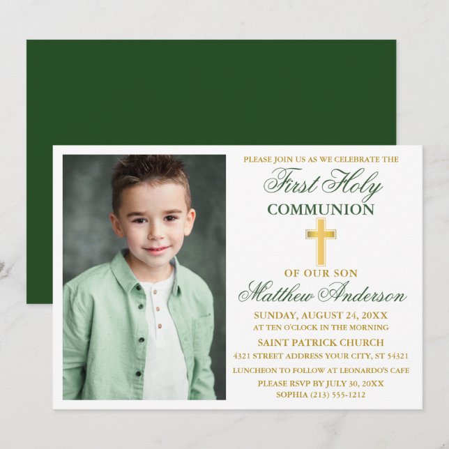 Invitation Première Sainte Communion Photo Emerald Green Gold (Devant / Derrière)