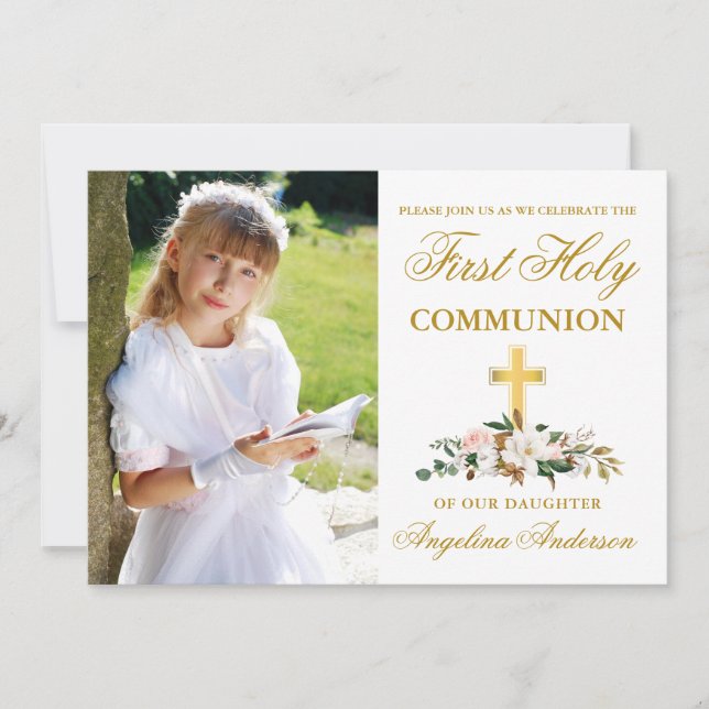 Invitation Première Sainte Communion Photo Magnolia Floral (Devant)