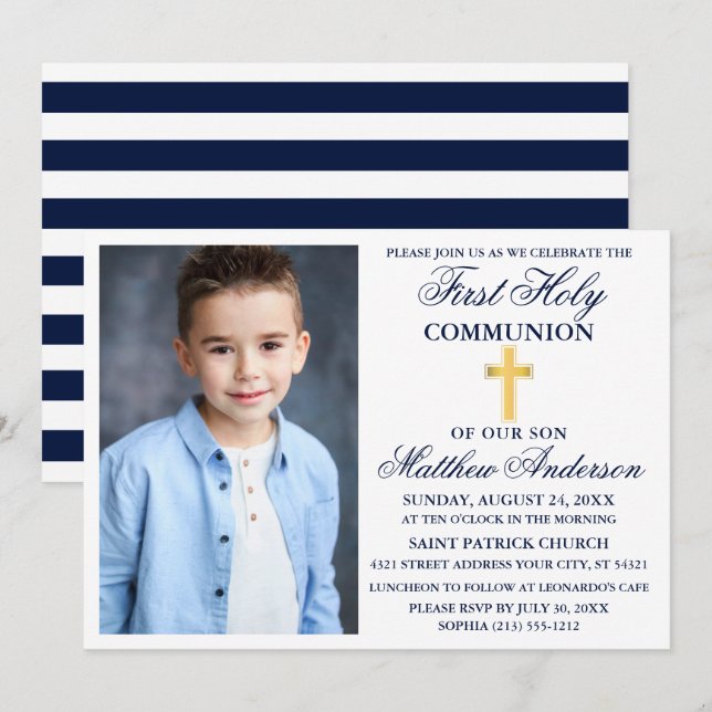 Invitation Première Sainte Communion Photo Marine Bleu Or ray (Devant / Derrière)