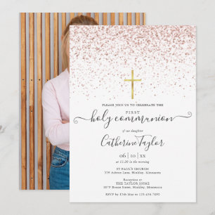Invitation Première Sainte Communion photo pailletée or rose