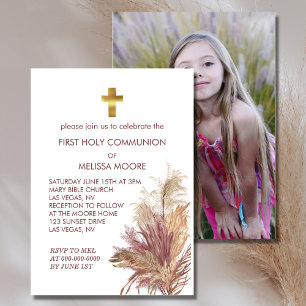 Invitation Première Sainte Communion Photo Pampas Rose Élégan
