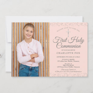 Invitation Première Sainte Communion Photo Rose Pâle Poussièr