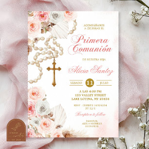 Invitation Première Sainte Communion Rosaire Floral Boho Rose