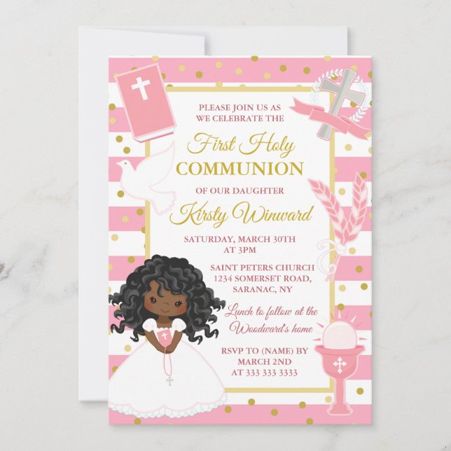 Invitation Première sainte communion rose africaine-américain (Devant)
