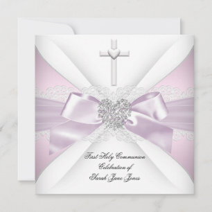 Invitation Première Sainte Communion Rose Blanc Cœur Argent F