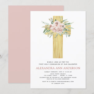 Invitation Première Sainte Communion Rose Dusty Rose verte