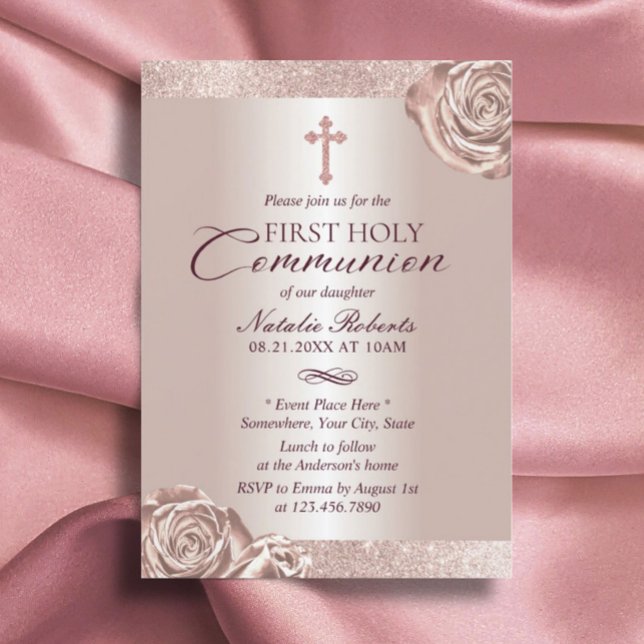 Invitation Première Sainte Communion Rose moderne Or Floral (Créateur téléchargé)