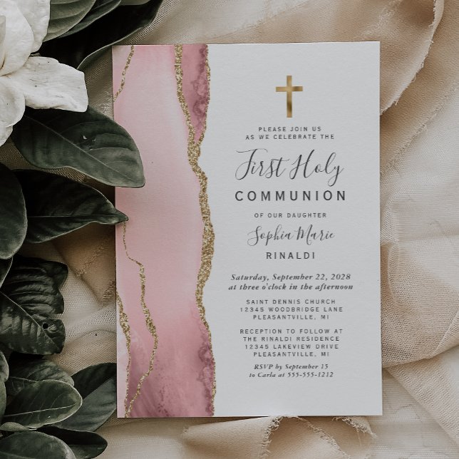 Invitation Première Sainte Communion Rose Pâle Agate Paillett (Créateur téléchargé)