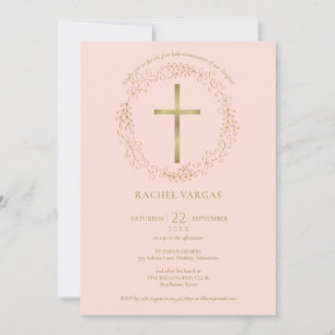 Invitation Première Sainte Communion Rose Pâle Croix Dorée Fl