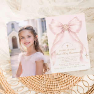 Invitation Première Sainte Communion Rose Pâle Nœud Chrétien