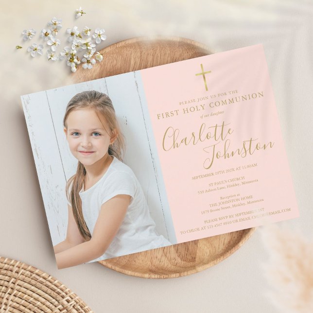 Invitation Première Sainte Communion Rose Pâle Or Écriture Ph (Créateur téléchargé)