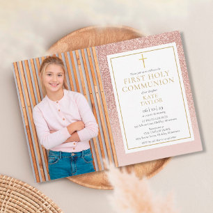 Invitation Première Sainte Communion Rose Parties scintillant