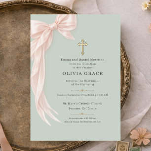Invitation Première Sainte Communion Ruban Vert Sauge Fille