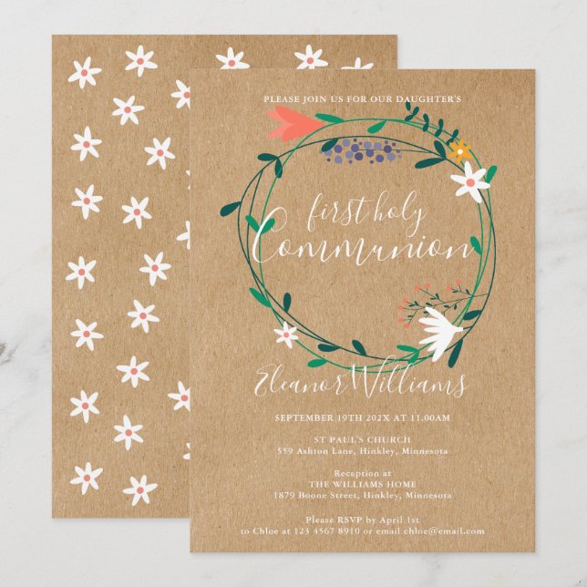 Invitation Première Sainte Communion Rustique Moderne Floral (Devant / Derrière)