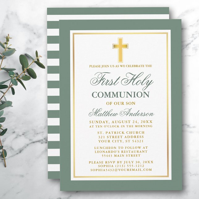 Invitation Première Sainte Communion Sage Green Stripes Or (Customize to change text size, color or text style.)