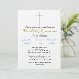 Invitation Première Sainte Communion Triplés Or bleu rose