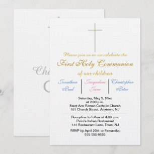 Invitation Première Sainte Communion Triplés Or Bleu Rose