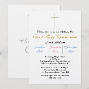 Invitation Première Sainte Communion Triplés Rose Bleu Or