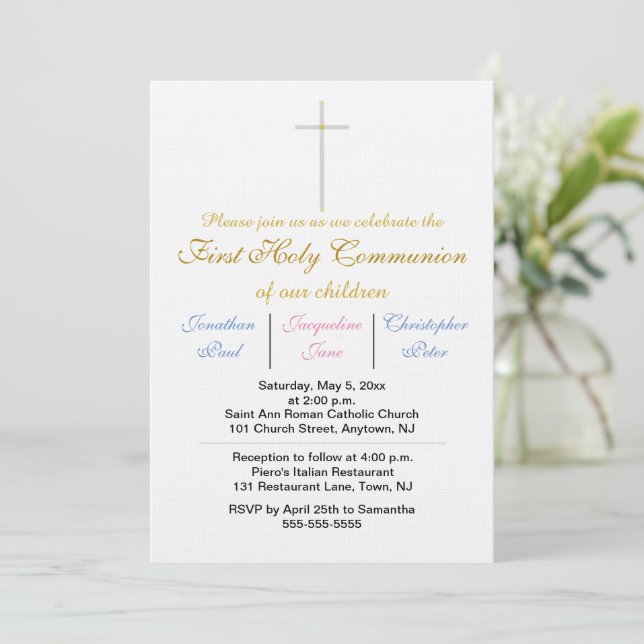 Invitation Première Sainte Communion Triplets Or bleu rose (Debout devant)