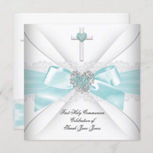 Invitation Première Sainte Communion Turquoise Coeur blanc