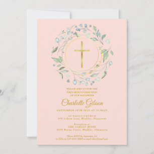 Invitation Première Sainte Communion Verdure Rose Pâle Or
