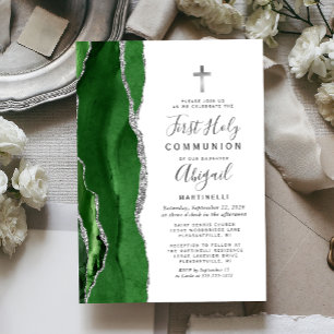 Invitation Première Sainte Communion Vert Agate Paillettes Ar