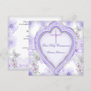 Invitation Première Sainte Communion Violet Rose Cœur Fille 2