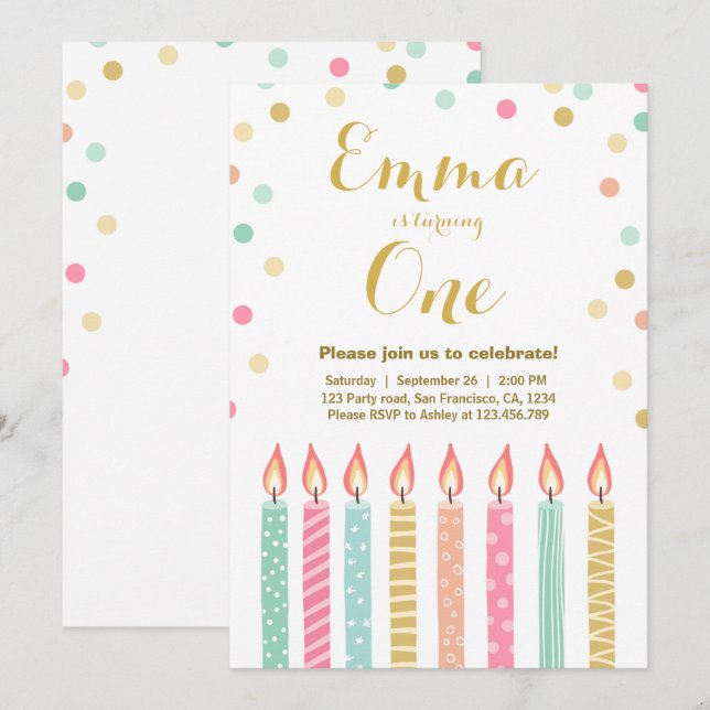 Invitation Premières bougies de confettis de fille (Devant / Derrière)