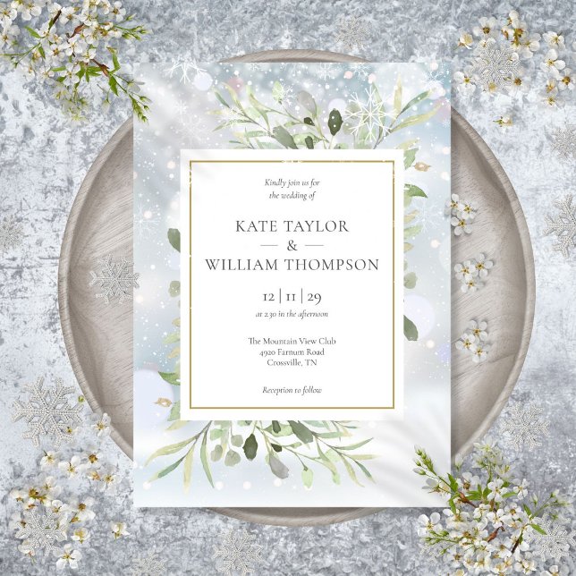 Invitation Premières Neiges Feuillages Mariage d'Hiver  (First Snowflakes Greenery Winter Wedding Invitatio Invitation)