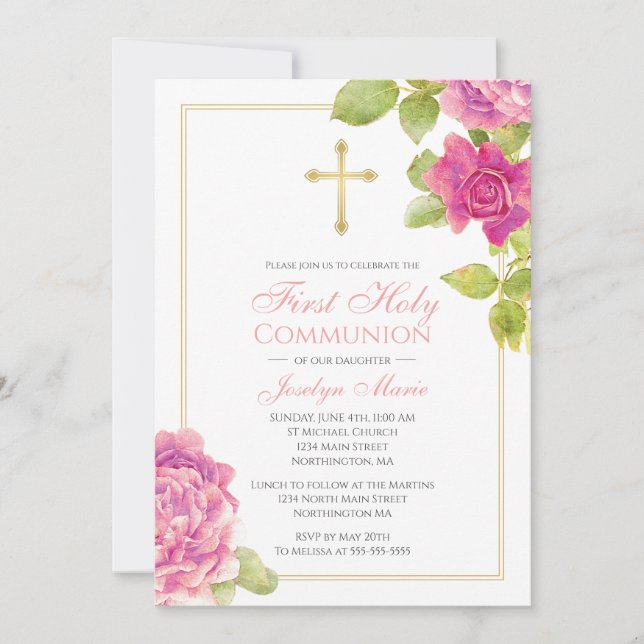Invitation Premiers roses de rose de croix d'or de communion (Devant)