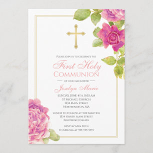 Invitation Premiers roses de rose de croix d'or de communion
