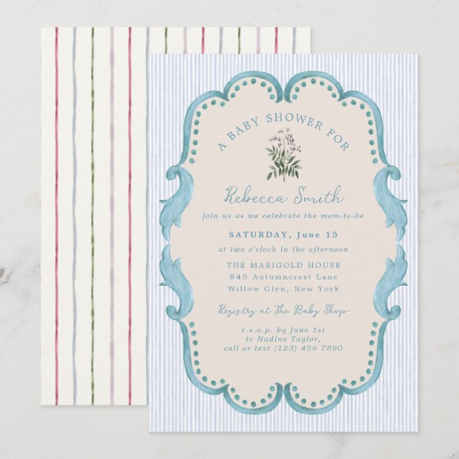 Invitation Preppy Baby Boy Blue Grandmillennial Baby Shower (Devant / Derrière)