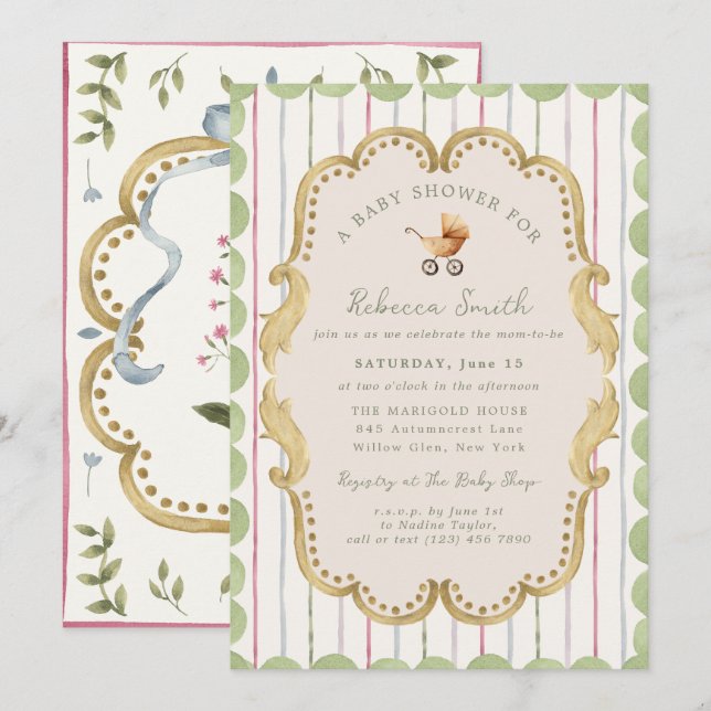 Invitation Preppy Baby Carriage Grandmillennial Baby Shower (Devant / Derrière)