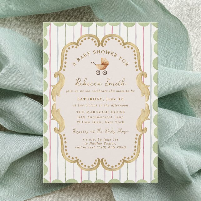 Invitation Preppy Baby Carriage Grandmillennial Baby Shower (Créateur téléchargé)