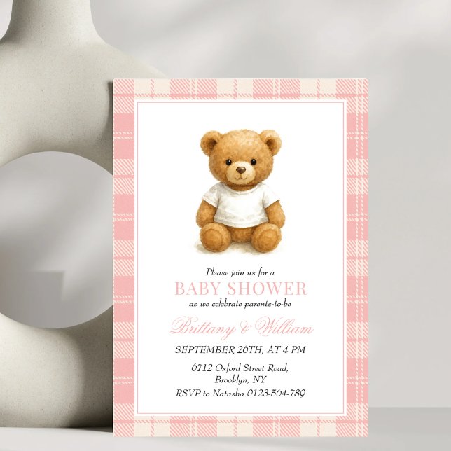 Invitation Preppy Bear Élégant Baby shower rose (Créateur téléchargé)