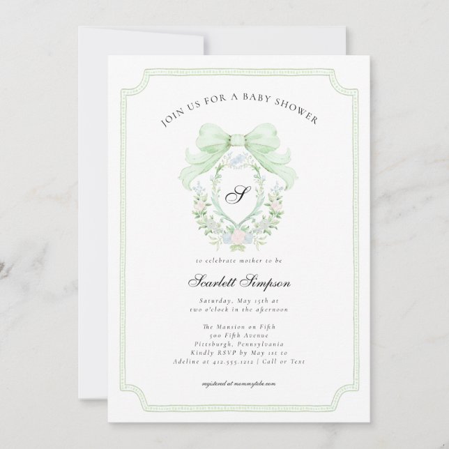 Invitation Preppy Botanical Green Bow Monogram Baby Shower   (Devant)
