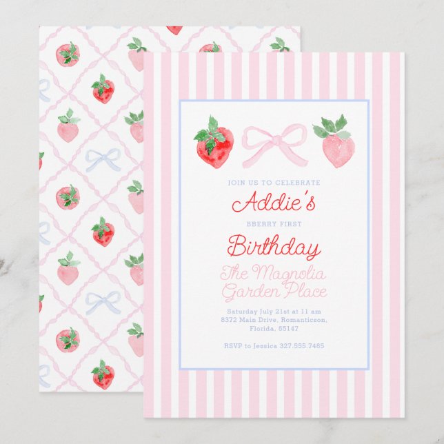 Invitation Préppy Bows & Strawberries Berry Premier anniversa (Devant / Derrière)