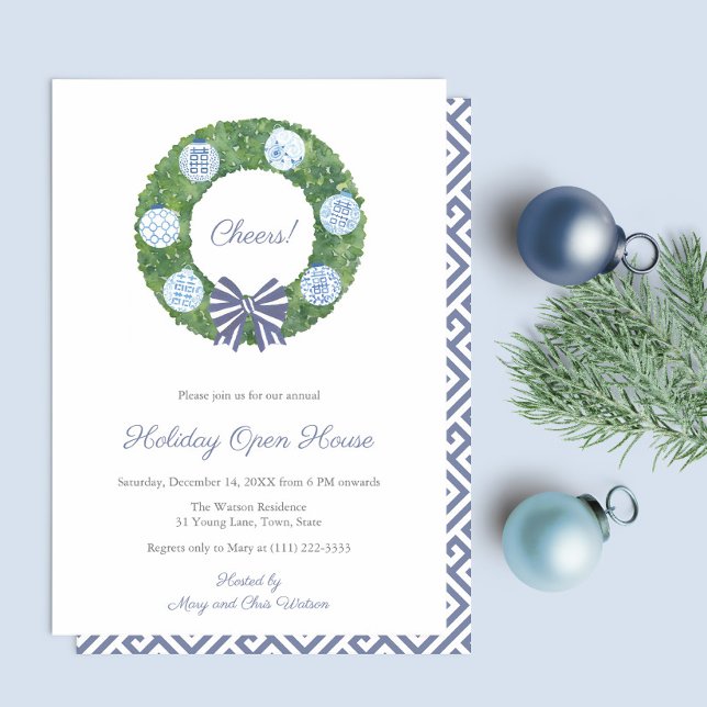 Invitation Preppy Boxwood Wreath Christmas Dracks Party (Holiday Open House party invitation: Preppy boxwood wreath with blue and white ginger jar ornaments.)