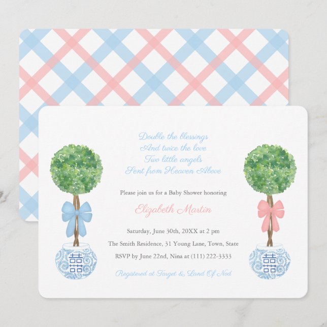 Invitation Preppy Boy Girl Twins Baby shower en ruban bleu ro (Devant / Derrière)