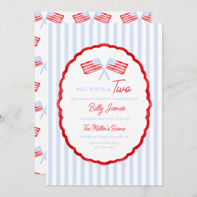 Invitation Preppy Boys Red White & Two Patriotic Birthday (Devant / Derrière)