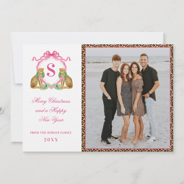 Invitation Preppy Christmas Leopard Monogram Photo In (Devant)