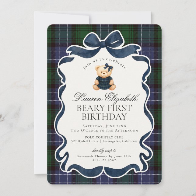 Invitation Preppy Coquette Bow Bear Beary First Birthday (Devant)