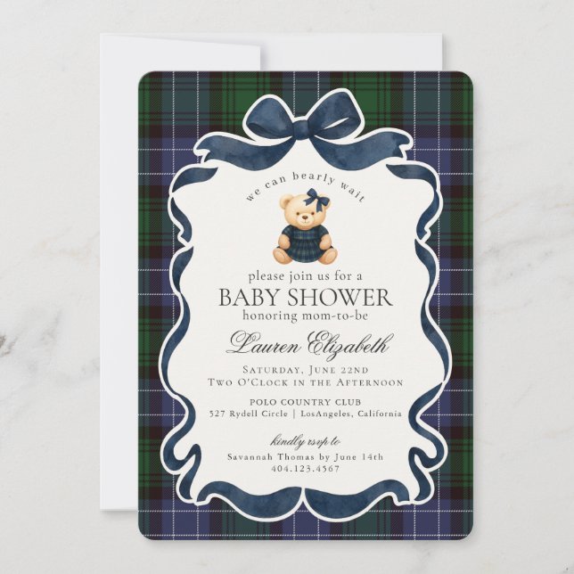 Invitation Preppy Coquette Bow Bear Tartan Plaid Baby Shower (Devant)