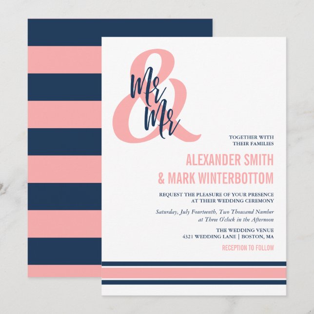 Invitation Preppy Coral & Navy M. et M. Mariage (Devant / Derrière)