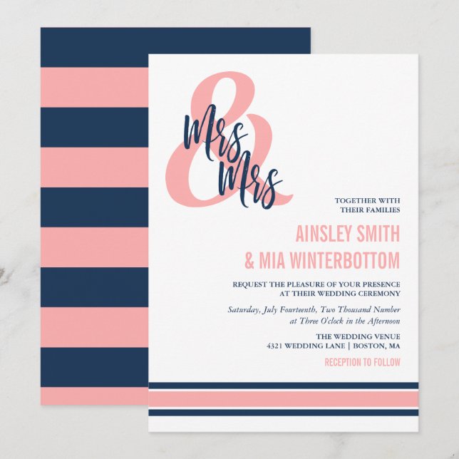 Invitation Preppy Coral & Navy Mme & Mme Mariage (Devant / Derrière)